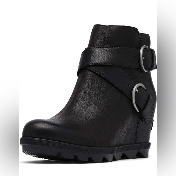 SOREL Joan Of Arctic™ Leather Wedge II Boot Black buckles size 7.5 Womens Bootie - Picture 1 of 11